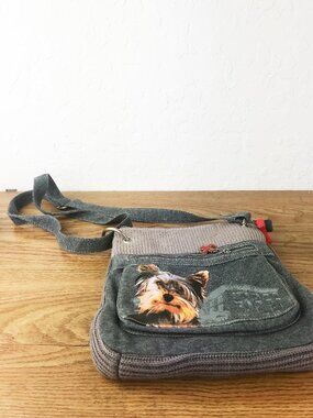 Fuzzy Nation Yorkshire Terrier Crossbody Bag -Denim Fabric w/ Faux‑Fur Interior